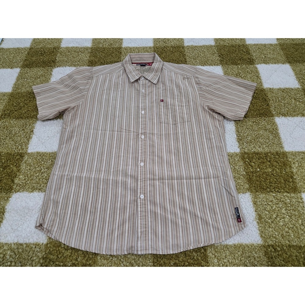 Quiksilver Mens XXL Slim Fit Short Sleeve Button Up Striped Shirt Brown Tan 0904